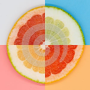 Four quarters of grapefruit and sweety on various colored backgrounds