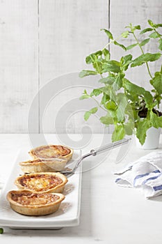 Four quiches on a white rectangular plate