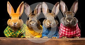 Four rabbits in colorful shirts sitting on a wooden table, AI