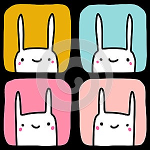 Four rabbits hand drawn vector illustration seamless pattern in cartoon comic style kawaii faces