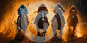 Four racing horses competing with each other slow motion