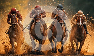 Four racing horses competing with each other speed motion on dirt speed horse