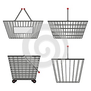 Four realistic metallic chrome wire empty baskets of different shapes. illustration