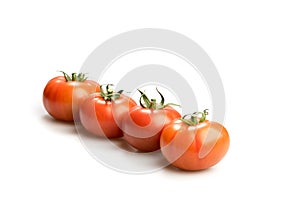 Four realistic red tomatoes in a line isolated in white background