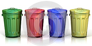 Four recycle bins for recycling paper, metal, glass and plastic