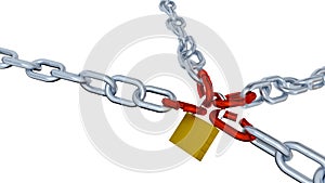 Four Red Bended Links Locked with a Padlock on Four Chains