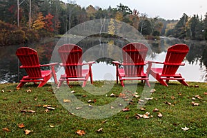 Four red chairs with autumn