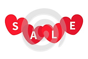 Four red heart set with text SALE. Happy Valentines Day discount price tags. Big sale label. Special offer labels. Love sticker.