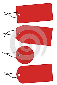 Four red tags with black string