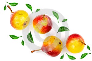 Four ripe red yellow pear fruits isolated on white background. Top view. Flat lay pattern