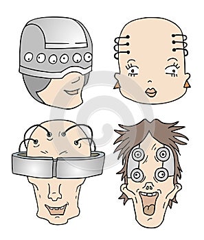 Four robot faces set illustration