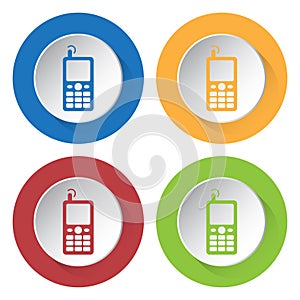 Four round color icons - old mobile phone, antenna