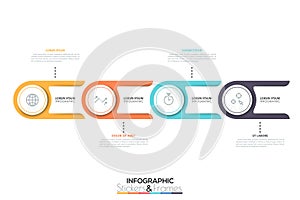 Four round elements connected with text boxes by dotted lines, 4 successive steps to project completion concept. Modern