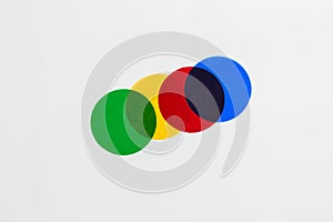 Four round filters of blue, yellow, red and, green colors superimposed on each other on a white background.