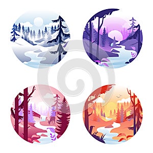 Four Round Vector Icons With Seasonal Landscapes. Cartoon Illustrations Of Winter, Spring, Summer And Autumn. Season