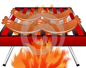 Four sausages broil on a grill