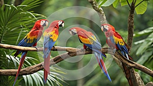 Four scarlet macaws perched on a branch in a lush green rainforest