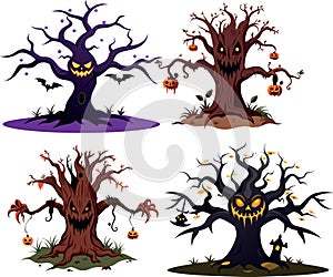 Four scary halloween trees with pumpkins and bats smiling menacingly photo