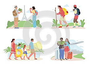 Four scenes of diverse tourists on vacation