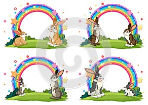 Four scenes of rabbits playing under