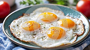 Four scrambled eggs, sunny-side-up fried eggs with golden yolks, crispy edges, and sprinkled herbs on a plate photo