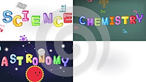 Four screen animation of science, math, chemistry, and astronomy handwriting doodle with sign and symbol icon object tool moving