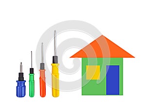 Four screwdrivers of different sizes with blue, green, red and yellow handles and a cartoon house of the same colors, isolated
