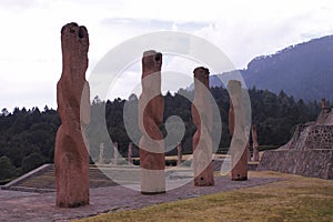 Four Sculptures in Centro Ceremonial Otomi, Estado de Mexico. back view photo