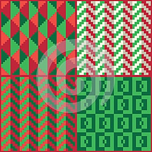 Four Seamless abstract geomatric pixel Christmas patterns