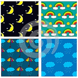 Four seamless patterns with hand drawn moon, rainbow, clouds and umbrella