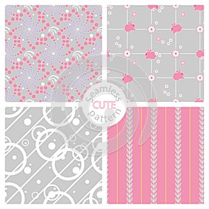 Four seamless patterns. Romantic gentle pink and gray backgrounds. Rabbits, flowers, leaves, lines and circles
