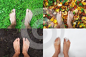 Four season bare man feet stands summer on green grass, winter snow, autumn leaves, spring ground, top view, copy space