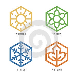 Four season Hexagon icon with sun sign for summer flower sign for spring snow sign for winter and Maple leaf for autumn vector de