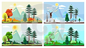 Four season landscape. Spring autumn summer winter weather nature scenery vector cartoon background