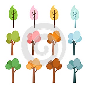 four season trees isolated, spring with flowers, green summer, yellow autumn, snow winter. vector illustration. nature and