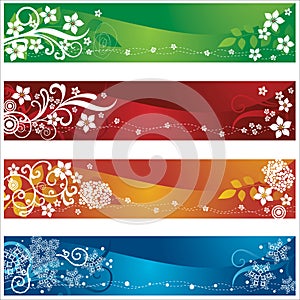 Four seasonal banners with flowers and snowflakes