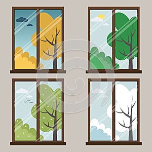 Four seasons: autumn, winter, spring-summer. Vector illustration of seasons. Windows with natural landscapes.