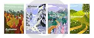 Four seasons cards set. Autumn, winter, spring and summer nature landscapes, vertical backgrounds. Calendar sceneries