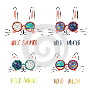 Four seasons cute cat, bunny faces set