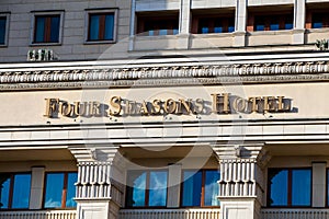 Four Seasons Hotel sign in Moscow, Russia