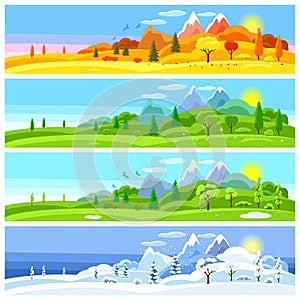 Four seasons landscape. Banners with trees, mountains and hills in winter, spring, summer, autumn.