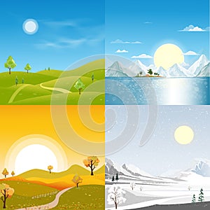four seasons landscape,Winter, Spring, Summer and Autumn or Fall,Vector illustration panoramic banner of all Seasons Nature with