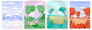 Four seasons landscapes set of countryside nature , flat vector illustration.