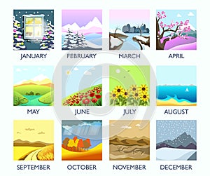 Four seasons month nature landscape winter, summer, autumn, spring vector flat scenery