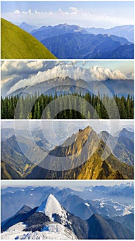 Four seasons mountains collage, several images of beautiful mountain landscapes at different time of the year, autumn, winter,