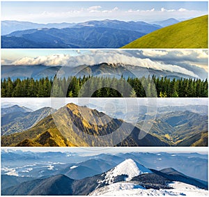 Four seasons mountains collage, several images of beautiful mountain landscapes at different time of the year, autumn, winter, sp