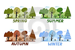 Four seasons of nature change colorful landscape vector illustration. Winter, spring, summer and autumn