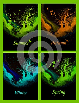 Four seasons - spring, summer, autumn, winter. Art tree beautiful for your design. Vector illustration.