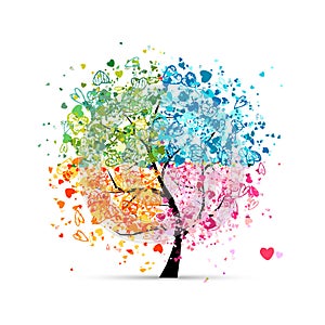 Four seasons - spring, summer, autumn, winter. Art tree made from hearts for your design