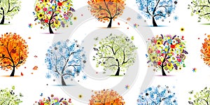 Four seasons - spring, summer, autumn, winter. Art trees collection. Seamless Pattern for your Design.